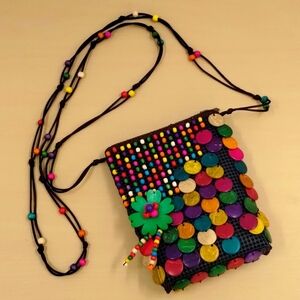 Unbranded beaded multicolor zip top crossbody beaded strap wood flower